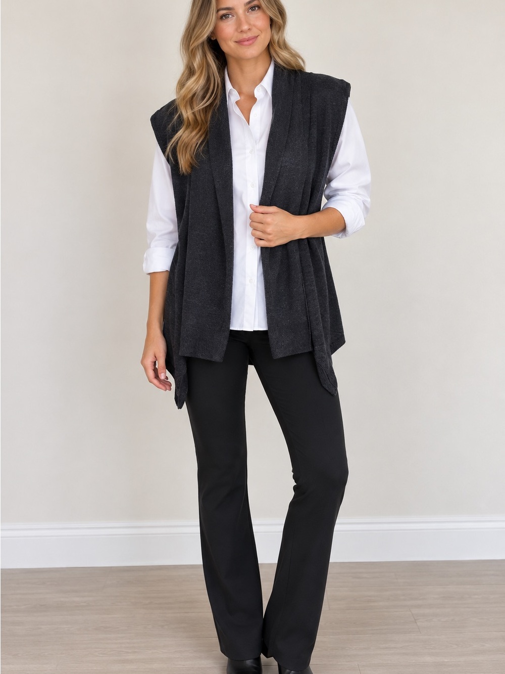 Eddie Bauer Merino Wool Charcoal Sleeveless Sweater Cascading Vest Size Small
